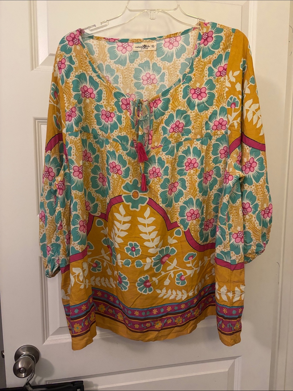 Natural Life Boho Yellow & Turquoise Floral Tassel Peasant Top SZ XL oversized
